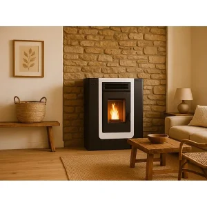 Estufa de Pellets 9,28–11,5 kW – Calefacción para 188 m³, Bajo Consumo y Diseño Elegante en Blanco y Negro